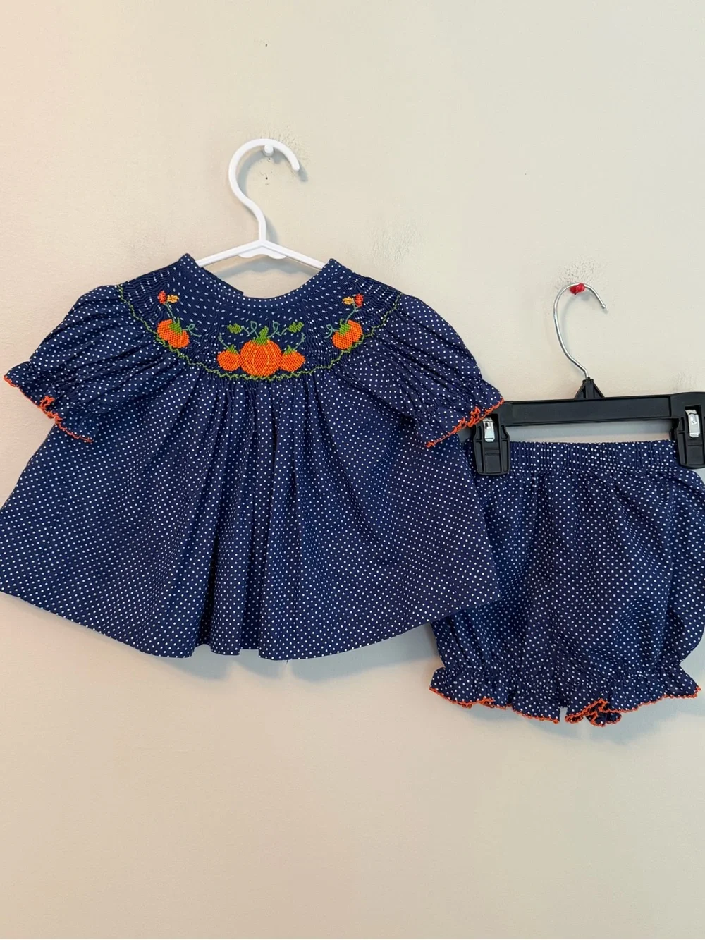 Classic Whimsy Navy Polka Dot Pumpkin Smocked Dress